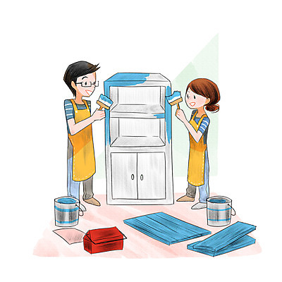 전신 PSD 부부 여자 남자 일러스트 서기 성인 두명 인테리어 페인트 페인트칠 공구함 서랍장 페인트붓 나무판자 DIY 셀프 국내일러스트 디자인 커플 가구 모션 페인팅 사람 취미 목재 공구 붓 파일형식