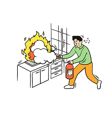 전신 남자 일러스트 불 한명 성인 위험 자연재해 싱크대 화재 소화기 진압 화재진압 국내일러스트 AI파일 자연요소 1 컨셉 모션 사람 안전장비 소방 사건 개수대 재해 파일형식 벡터