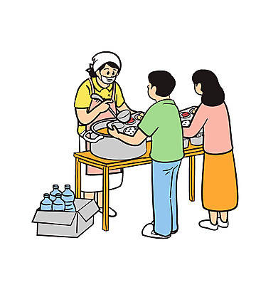 전신 여자 남자 음식 일러스트 서기 성인 세명 생수 배급 국내일러스트 AI파일 모션 사람 물병 파일형식 벡터