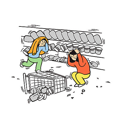 전신 여자 남자 일러스트 숙이기 성인 두명 쇼핑카 위험 자연재해 흔들림 마트 깨짐 지진 국내일러스트 AI파일 포즈 컨셉 모션 사람 쇼핑 상점 카트 재해 파일형식 벡터