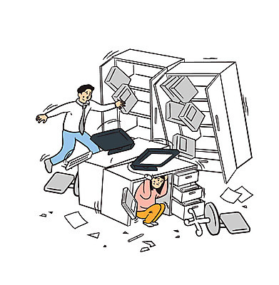 여자 남자 의자 일러스트 회사 책장 성인 두명 컴퓨터 사무실 위험 자연재해 책상 숨기 무너짐 국내일러스트 AI파일 가구 컨셉 비즈니스 모션 사람 전자제품 재해 파일형식 벡터