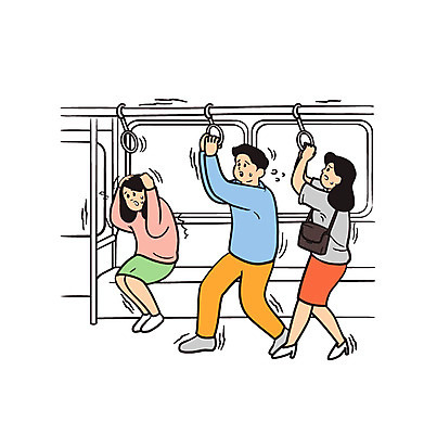 전신 여자 남자 일러스트 손잡이 서기 성인 세명 잡기 위험 자연재해 흔들림 지진 지하철표 국내일러스트 AI파일 컨셉 모션 사람 티켓 재해 파일형식 벡터