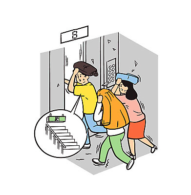 전신 여자 남자 일러스트 성인 세명 달리기 위험 엘리베이터 자연재해 탈출 비상계단 지진 국내일러스트 AI파일 컨셉 모션 사람 계단 재해 파일형식 벡터