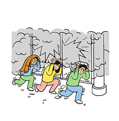 여자 남자 일러스트 숙이기 성인 세명 걷기 손상 위험 자연재해 탈출 지진 국내일러스트 AI파일 포즈 컨셉 모션 사람 재해 파일형식 벡터