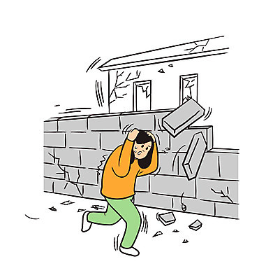 전신 여자 일러스트 돌담 한명 성인 담장 위험 자연재해 조심 지진 무너짐 국내일러스트 AI파일 1 컨셉 모션 사람 돌_바위 재해 파일형식 벡터