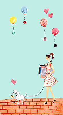 전신 PSD 여자 길 일러스트 성인 선물상자 쇼핑백 산책 하트 푸들 풍선 성인여자만 성인여자한명만 국내일러스트 모양 가방 휴식 선물 사람 상자 개 여자만 여자한명만 성인만 파일형식