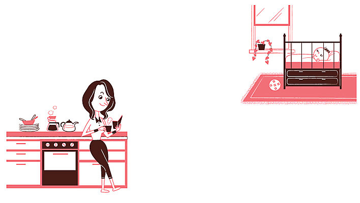 여자 남자 여유 일러스트 가족 엄마 티타임 휴식 스트레스 성인 두명 책 주방 육아 침대 아기 잠 차 육아라이프 국내일러스트 AI파일 라이프스타일 감정 음료 가구 컨셉 관계 사람 파일형식 벡터