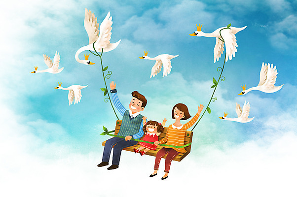 전신 PSD 여자 남자 딸 행복 어린이 의자 여러마리 일러스트 가족 하늘 엄마 상상일러스트 앉기 성인 세명 판타지 화목 비행 아빠 백조 국내일러스트 감정 가구 다수 컨셉 관계 모션 상상 조류 사람 파일형식