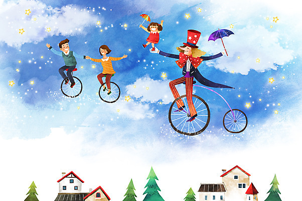 전신 PSD 여자 남자 딸 행복 별 어린이 일러스트 가족 하늘 엄마 상상일러스트 여러명 성인 세명 판타지 화목 광대 아빠 외발자전거 국내일러스트 자연요소 감정 다수 컨셉 관계 상상 사람 자전거 파일형식