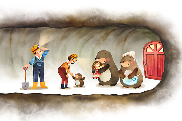 전신 PSD 여자 남자 딸 행복 어린이 일러스트 가족 엄마 상상일러스트 세마리 성인 세명 판타지 화목 동굴 아빠 삽 두더지 국내일러스트 감정 컨셉 관계 상상 3 사람 파일형식