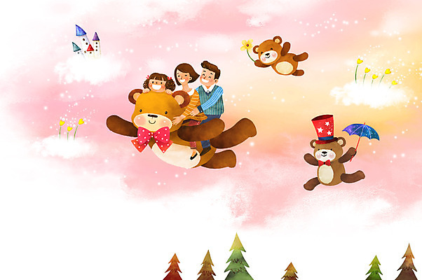 전신 PSD 여자 남자 딸 행복 어린이 일러스트 곰 가족 하늘 엄마 상상일러스트 세마리 성인 세명 판타지 화목 비행 성 아빠 국내일러스트 동물 건축물 감정 컨셉 포유류 관계 상상 3 사람 파일형식