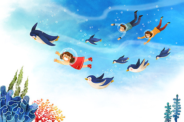 전신 PSD 여자 남자 딸 행복 어린이 여러마리 일러스트 가족 엄마 상상일러스트 성인 세명 판타지 바닷속 화목 아빠 산호 펭귄 국내일러스트 감정 다수 컨셉 관계 상상 조류 사람 수중 자포동물 파일형식