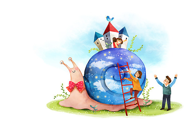 PSD 한마리 여자 남자 딸 행복 어린이 일러스트 사다리 가족 엄마 주택 상상일러스트 성인 세명 판타지 화목 아빠 달팽이 국내일러스트 1 감정 컨셉 관계 상상 연체동물 사람 건물 도구 파일형식