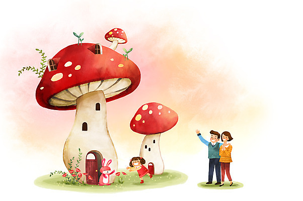 전신 PSD 한마리 여자 남자 딸 행복 어린이 일러스트 가족 엄마 상상일러스트 성인 세명 판타지 버섯 화목 토끼 아빠 버섯집 국내일러스트 1 감정 컨셉 포유류 관계 상상 주택 사람 반려동물 파일형식