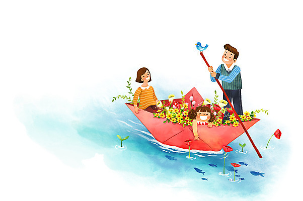 PSD 한마리 여자 남자 꽃 딸 행복 어린이 일러스트 가족 조류 엄마 상상일러스트 성인 세명 강 판타지 화목 아빠 노 종이배 국내일러스트 식물 동물 1 감정 컨셉 관계 상상 사람 종이접기 선박 파일형식