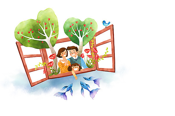 PSD 나무 여자 남자 꽃 딸 행복 어린이 일러스트 창문 가족 조류 엄마 상상일러스트 상반신 성인 세명 판타지 화목 하트 아빠 열대어 사랑나무 국내일러스트 모양 식물 동물 감정 컨셉 관계 상상 어류 사람 파일형식