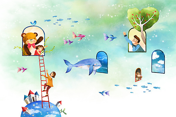 PSD 나무 여자 남자 딸 행복 지구 어린이 여러마리 일러스트 사다리 창문 곰 가족 엄마 주택 상상일러스트 상반신 성인 세명 판타지 화목 하트 아빠 고래 사랑나무 국내일러스트 모양 식물 동물 감정 다수 컨셉 포유류 관계 상상 사람 건물 수중동물 도구 파일형식