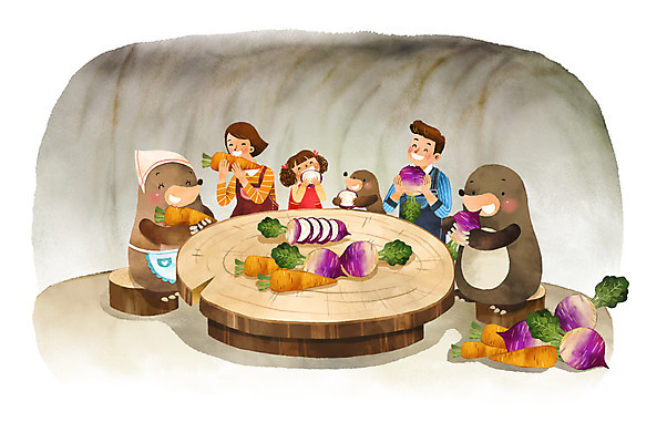 PSD 여자 남자 딸 행복 어린이 일러스트 가족 엄마 상상일러스트 세마리 상반신 성인 세명 판타지 식사 화목 당근 아빠 두더지 순무 국내일러스트 감정 컨셉 관계 상상 뿌리채소 3 사람 파일형식