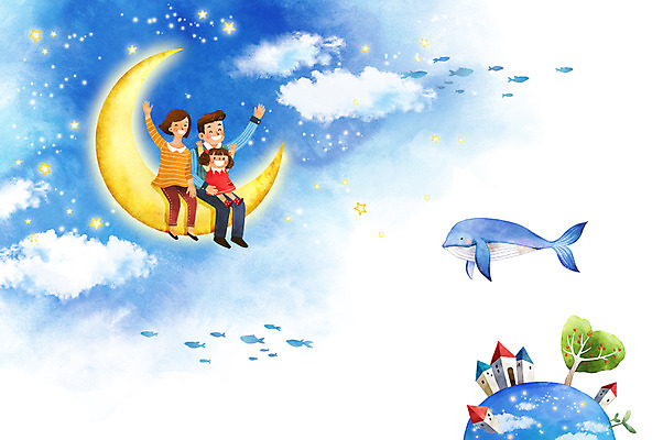 전신 PSD 나무 여자 남자 딸 행복 별 지구 어린이 일러스트 가족 하늘 엄마 주택 상상일러스트 성인 세명 판타지 화목 아빠 초승달 고래 사랑나무 국내일러스트 자연요소 식물 감정 컨셉 포유류 관계 상상 사람 건물 수중동물 달 파일형식