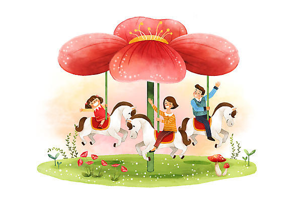 전신 PSD 여자 남자 꽃 딸 행복 어린이 일러스트 가족 엄마 상상일러스트 성인 세명 판타지 새싹 버섯 화목 아빠 회전목마 국내일러스트 식물 감정 컨셉 관계 상상 사람 놀이기구 파일형식