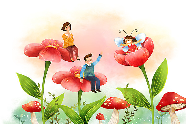 전신 PSD 여자 남자 꽃 딸 행복 어린이 날개 일러스트 가족 엄마 상상일러스트 앉기 성인 세명 판타지 버섯 화목 아빠 국내일러스트 식물 감정 컨셉 관계 모션 상상 사람 파일형식