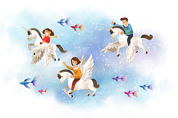 전신 PSD 여자 남자 딸 행복 어린이 여러마리 일러스트 가족 하늘 엄마 상상일러스트 성인 세명 판타지 화목 비행 아빠 열대어 유니콘 국내일러스트 감정 다수 컨셉 관계 상상 어류 사람 파일형식