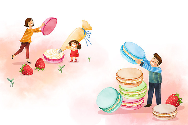 전신 PSD 여자 남자 딸 행복 어린이 일러스트 가족 딸기 엄마 상상일러스트 성인 세명 판타지 화목 아빠 생크림 마카롱 국내일러스트 감정 컨셉 과일 관계 상상 디저트 사람 크림 파일형식