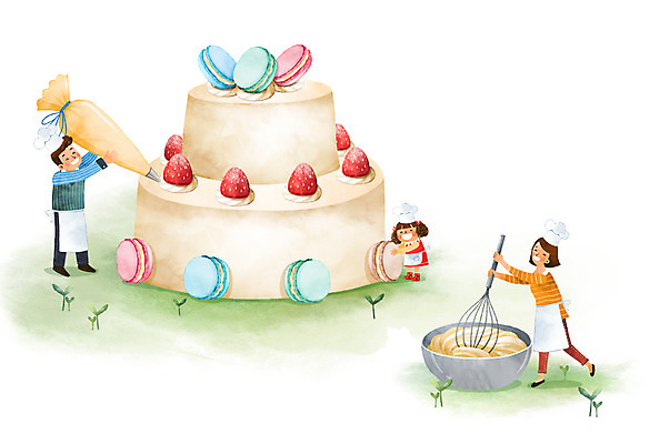 전신 PSD 여자 남자 딸 행복 어린이 일러스트 가족 딸기 엄마 상상일러스트 성인 세명 판타지 케이크 화목 아빠 생크림 마카롱 국내일러스트 감정 컨셉 과일 관계 상상 디저트 사람 크림 파일형식