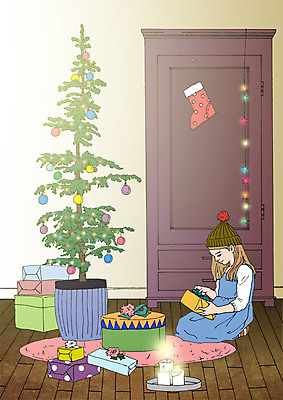 PSD 여자 포스터 어린이 크리스마스 겨울 일러스트 초 한명 소녀 선물상자 크리스마스트리 꼬마전구 산타양말 아트툰 국내일러스트 1 계절 기념일 전구 선물 사람 상자 그림 파일형식