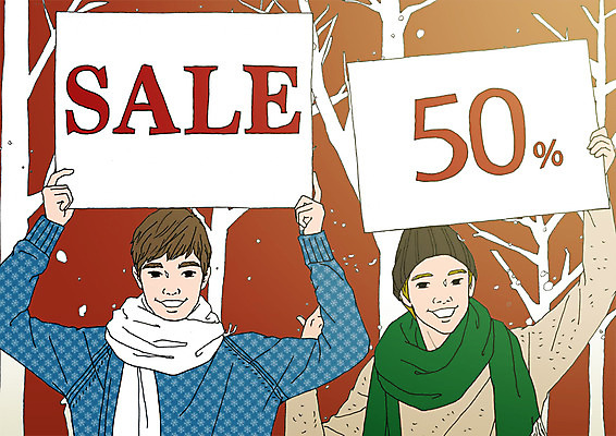 PSD 남자 포스터 겨울 일러스트 서기 들기 상반신 두명 쇼핑 세일 팻말 50% 아트툰 국내일러스트 계절 모션 프레임 사람 퍼센트 그림 파일형식