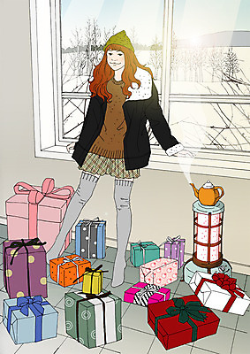 전신 PSD 여자 포스터 겨울 일러스트 한명 서기 선물상자 쇼핑 난로 창가 아트툰 국내일러스트 1 계절 창문 모션 선물 사람 상자 난방기 그림 파일형식