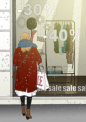 전신 PSD 여자 포스터 겨울 일러스트 한명 쇼핑 쇼핑백 세일 눈 눈송이 쇼윈도 겨울옷 아트툰 국내일러스트 자연요소 1 옷 계절 가방 날씨 눈_날씨 사람 전시 그림 파일형식