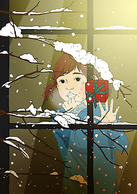 PSD 여자 포스터 어린이 겨울 일러스트 한명 서기 상반신 선물상자 눈 창가 아트툰 국내일러스트 자연요소 1 계절 창문 모션 날씨 선물 사람 상자 그림 파일형식