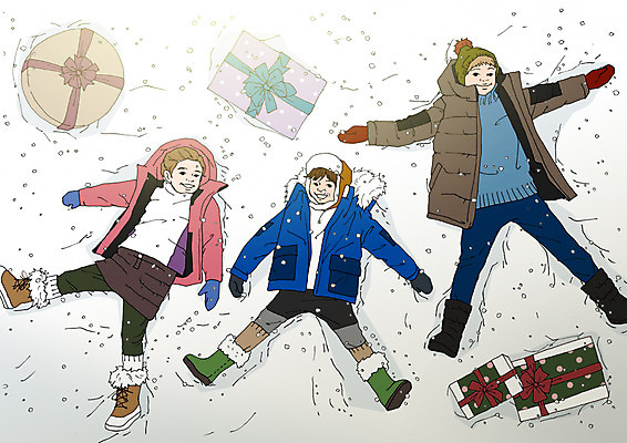 전신 PSD 여자 남자 포스터 어린이 겨울 일러스트 세명 선물상자 눕기 설원 눈 아트툰 국내일러스트 자연요소 계절 모션 날씨 눈_날씨 선물 사람 상자 그림 파일형식