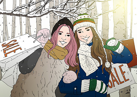 PSD 여자 포스터 겨울 일러스트 서기 들기 상반신 두명 쇼핑 쇼핑백 세일 눈 아트툰 국내일러스트 자연요소 계절 가방 모션 날씨 사람 그림 파일형식