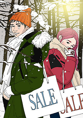 PSD 커플 여자 남자 포스터 겨울 일러스트 서기 상반신 두명 쇼핑 쇼핑백 세일 아트툰 국내일러스트 계절 가방 관계 모션 사람 그림 파일형식