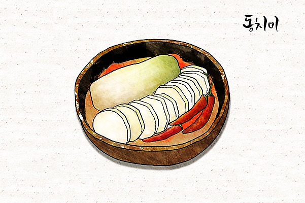 PSD 그릇 한식 일러스트 캘리그라피 사람없음 무 홍고추 발효 동치미 발효음식 국내일러스트 식기 음식 고추 김치 뿌리채소 파일형식