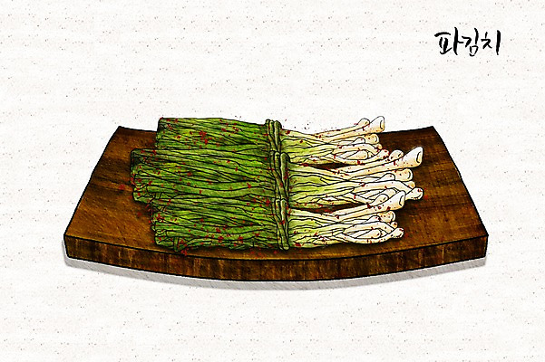 PSD 그릇 한식 일러스트 캘리그라피 도마 사람없음 발효 파 발효음식 파김치 국내일러스트 식기 음식 채소 주방용품 김치 파일형식