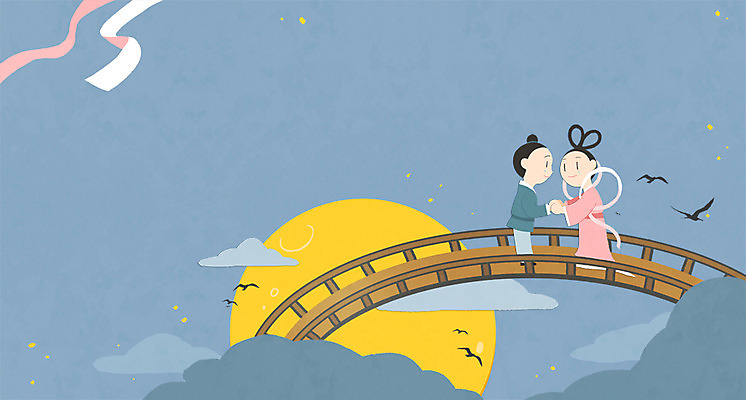 PSD 여자 남자 일러스트 청소년 프레임 두명 보름달 다리 까치 까마귀 견우 칠석 오작교 직녀 국내일러스트 명절 조류 사람 신체부위 달 파일형식