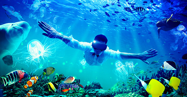 PSD 편집이미지 남자 여러마리 정보기술 스마트라이프 어류 한명 상반신 성인 앞모습 스마트기기 디지털 심해 수영 체험 거북이 고래 해파리 가상현실 오큘러스 VR기기 이미지편집 1 라이프스타일 뷰포인트 다수 컨셉 포유류 파충류 기술 사람 전자제품 바닷속 수중동물 기계 수상스포츠 자포동물 파일형식