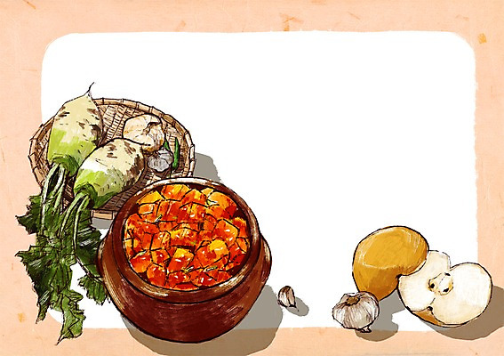 PSD 백그라운드 일러스트 고추 양파 마늘 사람없음 항아리 배 무 깍두기 발효 김장 발효음식 프레임일러스트 국내일러스트 음식 채소 과일 김치 뿌리채소 프레임 도자기 파일형식