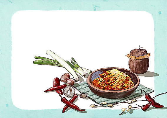 PSD 백그라운드 일러스트 마늘 사람없음 항아리 홍고추 발효 배추김치 김장 발효음식 대파 김장재료 포기김치 프레임일러스트 국내일러스트 음식 채소 식재료 고추 김치 프레임 도자기 파 파일형식