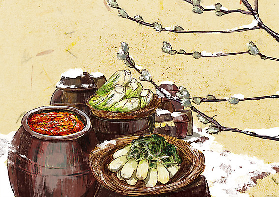 PSD 백그라운드 겨울 일러스트 사람없음 나뭇가지 항아리 무 배추 저장 발효 배추김치 김장 발효음식 포기김치 겨울배경 국내일러스트 나무 계절 음식 채소 김치 뿌리채소 도자기 파일형식