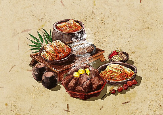 PSD 백그라운드 일러스트 고추 마늘 사람없음 항아리 고구마 발효 배추김치 김장 생강 발효음식 나무탁자 수육 찐고구마 포기김치 국내일러스트 한식 음식 채소 탁자 김치 뿌리채소 도자기 찜 파일형식