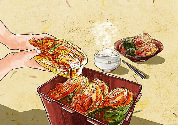 PSD 손 백그라운드 일러스트 젓가락 한명 신체부위 발효 배추김치 김장 밥그릇 쌀밥 발효음식 포기김치 흰밥 국내일러스트 1 그릇 음식 밥 김치 수저 사람 파일형식