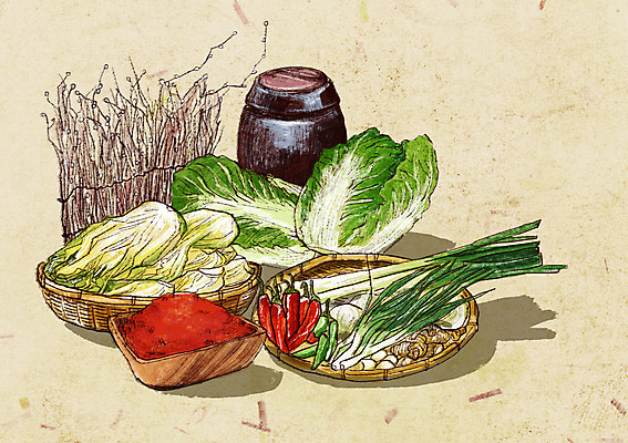 PSD 백그라운드 일러스트 마늘 사람없음 소쿠리 항아리 배추 홍고추 풋고추 김장 대파 쪽파 고춧가루 김장재료 나무그릇 국내일러스트 그릇 채소 식재료 고추 목재 바구니 도자기 가루 파 파일형식