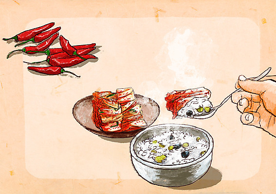 PSD 손 백그라운드 일러스트 한명 들기 신체부위 숟가락 잡기 홍고추 발효 배추김치 쌀밥 발효음식 놋그릇 콩밥 프레임일러스트 놓기 국내일러스트 1 그릇 음식 모션 고추 밥 김치 프레임 수저 사람 파일형식