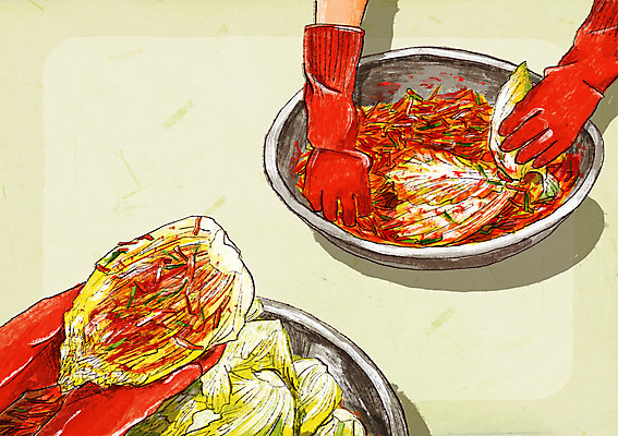 PSD 손 백그라운드 일러스트 김치 두명 신체부위 배추 발효 고무장갑 배추김치 김장 대야 발효음식 프레임일러스트 국내일러스트 한식 음식 장갑 채소 프레임 사람 고무 파일형식