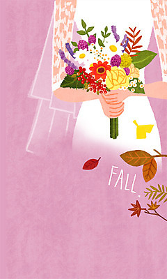 PSD 여자 신부 부케 웨딩드레스 결혼 백그라운드 낙엽 일러스트 한명 들기 가을 가을배경 국내일러스트 1 드레스 계절 꽃다발 잎 모션 사람 이벤트 파일형식 가을_계절