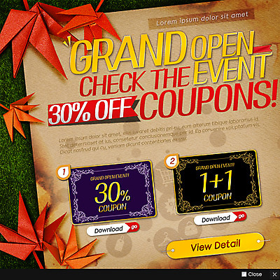 PSD 템플릿 웹템플릿 단풍 팝업 이벤트팝업 웹팝업 사람없음 쇼핑 세일 쿠폰 종이접기 다운로드 원플러스원 덤 이미지템플릿 종이 잎 이벤트 접기 파일형식